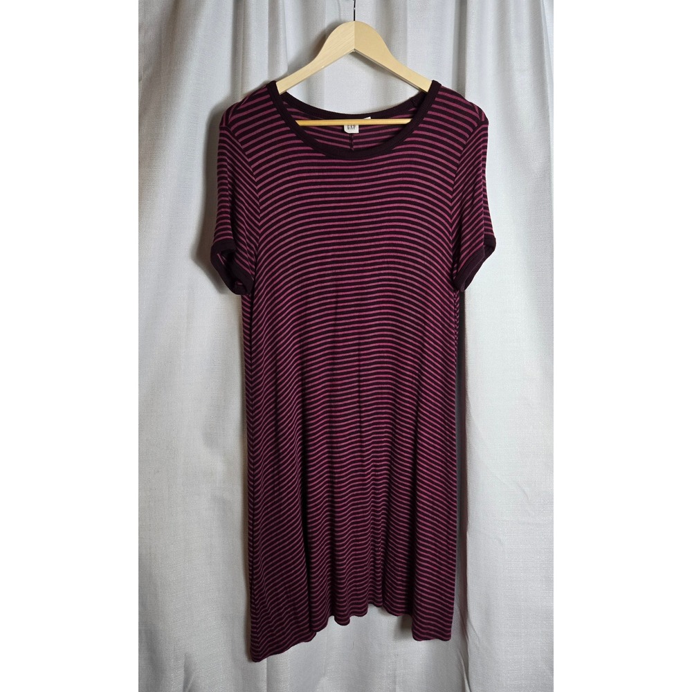 GAP Womens Burgundy‎ Pink Striped Ribbed Knit Short Sleeve T-Shirt Dress Large